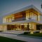 Modern house exterior glows with lights. ai chat real estate crm technology futuristic concept
