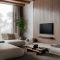 a living room with a couch, coffee table and television tv on farmhouse console, living room setup, cozy entertainment, wooden furniture